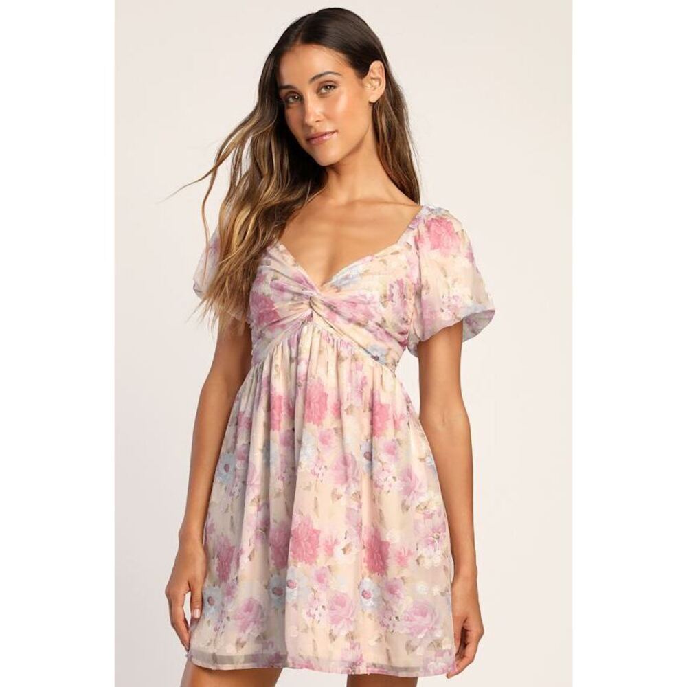Lulus Fresh Florals Cream Floral Print Puff Sleeve Mini Dress White - Size M